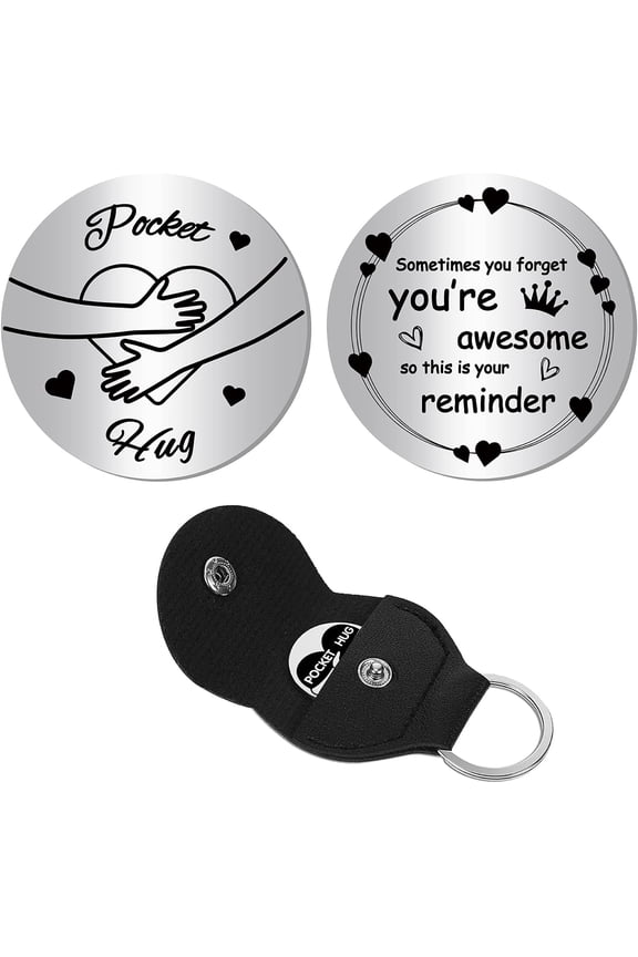 A Little Pocket Hug Long Distance Relationship Keepsake Coin Stainless Steel Double-Sided Inspirational Gift with Leather Keychain Keyring Holder Case for Daughter Graduation 1.2 x 1.2inch