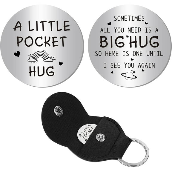 A Little Pocket Hug Token Heart Rainbow Long Distance Relationship Keepsake Token Quotes Engraved Double Sided Pocket Token Coin Sign with Leather Keychains for Daughter Son Memento 1.2Inch Gray