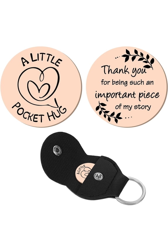 A Little Pocket Hug Token Long Distance Relationship Keepsake Engraved Stainless Double Sided Pocket Token Coin with PU Leather Keychains for Friends Inspirational Gift Rose Gold 1.2Inch