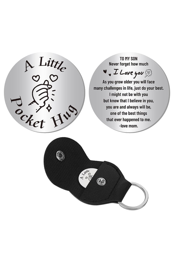 A Little Pocket Hug Token Long Distance Relationship Keepsake Stainless Steel Double Sided Inspirational Gift with PU Leather Keychain for Friends Family Son 1.2 x 1.2 Inch-to My Son