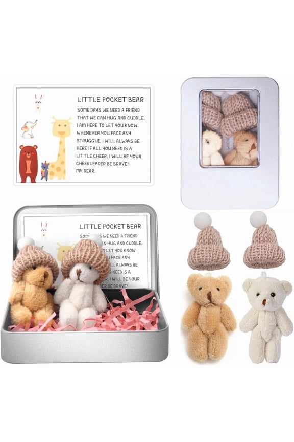 Little Pocket Worry Bear in Box with Hat, Inspirational Plush Gift with Message Card, Soft Mini Keychain Companion for Relief, Birthday, Graduation, Supportive Gift for Kids & Adults