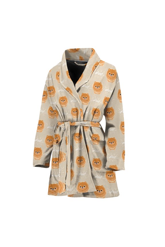 Little Pomeranian Pattern Women Bathrobe One Size Univeral Fits Fashion Lightweight Plush Fleece Long Robe For Women
