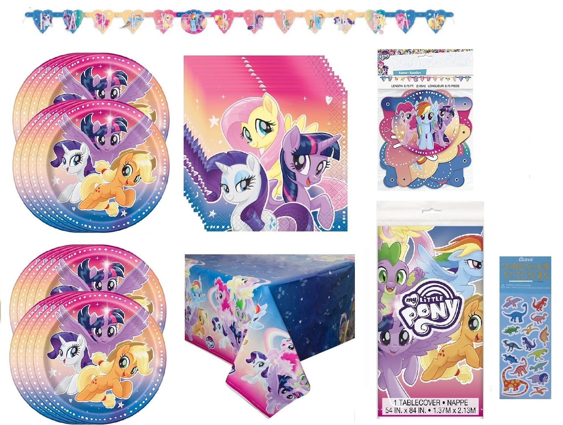 My Little Pony Birthday Supplies Bundle includes 16 Dessert Cake Paper Plates 7", 16 Paper Napkins, 1 Plastic Table Cover 54" x 84", 1 Happy Birthday Banner, 1 Dinosaur Sticker Sheet