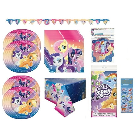 My Little Pony Birthday Supplies Bundle includes 16 Dessert Cake Paper Plates 7", 16 Paper Napkins, 1 Plastic Table Cover 54" x 84", 1 Happy Birthday Banner, 1 Dinosaur Sticker Sheet