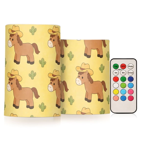 Little Pony Cactus Flickering Flameless Candles Battery Operated with Remote Timer LED Pillar Candles Set of 2