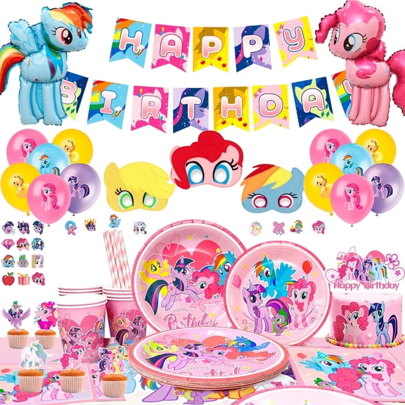 My Little Pony Theme Party Supplies,My Little Pony Party Decorations Set-My Little Pony Balloons Stickers Masks Cake Toppers Banner Tablecloth Plates Cups Napkin etc for My Little Pony Birthday Party