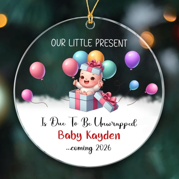 Our Little Present is Due to Be Unwrapped Ornaments Gift, Bump's 1st Christmas Ornament 2025, Due Date & Name Baby Coming Ornament Gift for Pregnancy Announcement Grandparents