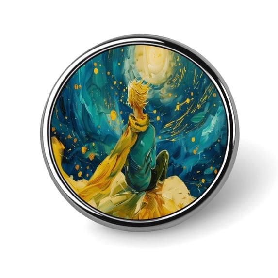 The Little Prince And Rose on Planet in Night 3D Round Lapel Pin Tie Tack Cute Brooch Pin Badge for Men Women Hat Clothing Accessories, Circular, Style