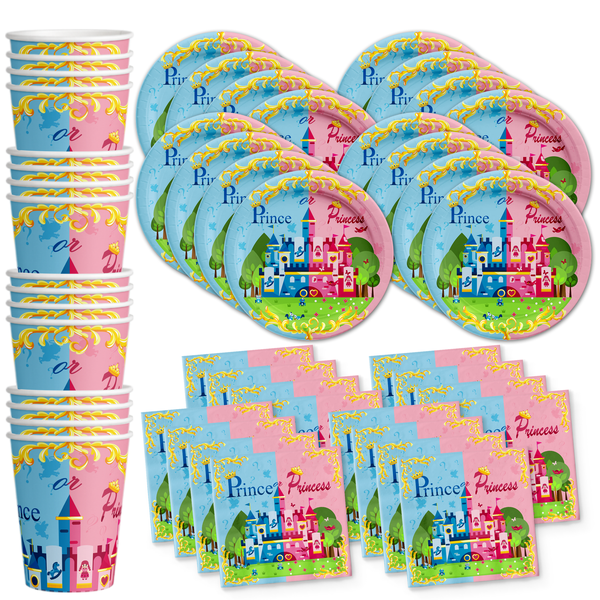 Prince and Princess Gender Reveal Party Tableware Set for 16 Guests