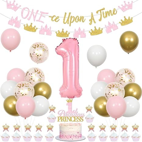 Little Princess 1st Birthday Decorations Girl, Once Upon a Time Decorations Banner, Pink White Gold Balloons Princess Crown Castle Banner Garland Cake Cupcake Toppers Number 1 Foil Balloon