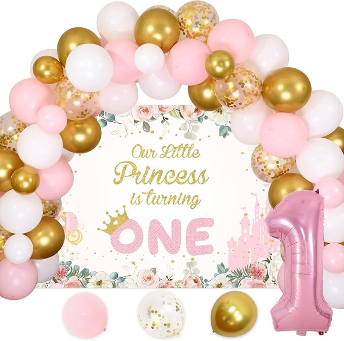 Little Princess 1st Birthday Decorations for Girls, Pink White and Gold Balloon Arch Kit, Pink 1 Balloon for First Birthday Our Little Princess Is Turning One Backdrop for Oen Year Old Girl