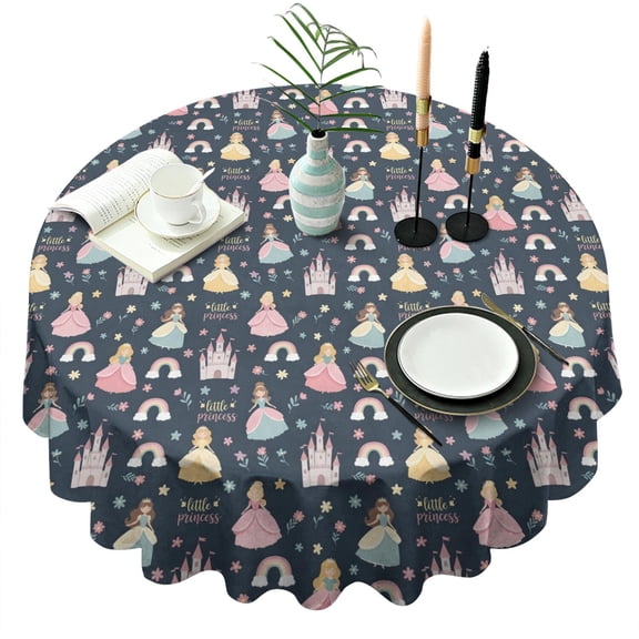 Little Princess Castle Pattern Round Tablecloth 60"x60",Wrinkle Wipeable Table Cloth for Kitchen Dining Room Picnic Patio Party
