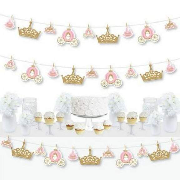Little Princess Crown - Pink and Gold Princess Baby Shower or Birthday Party DIY Decorations - Clothespin Garland Banner - 44 Pieces