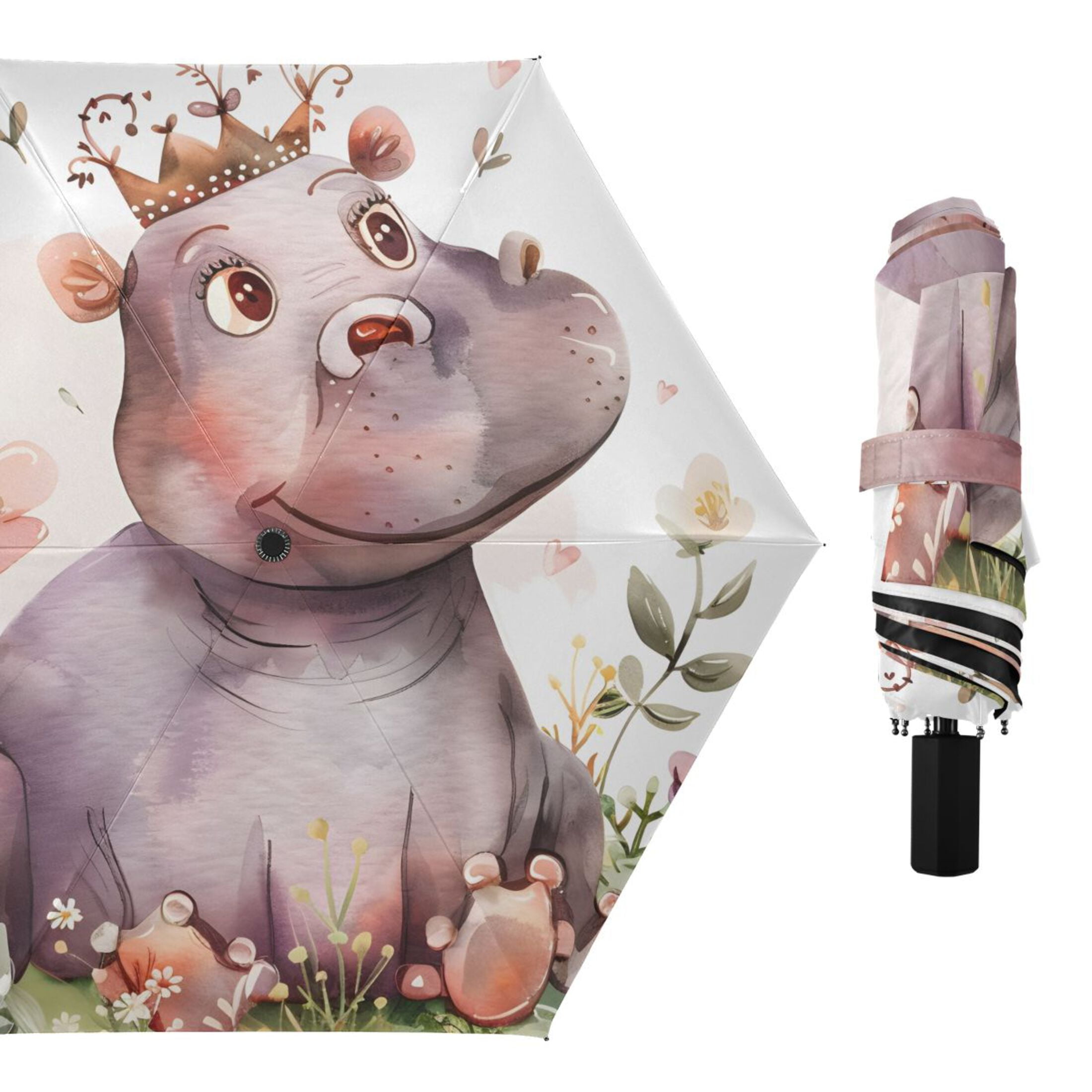 Little Princess Hippo Compact Sun Umbrella Windproof Travel Umbrellas for Rain Strong Portable UV Protection