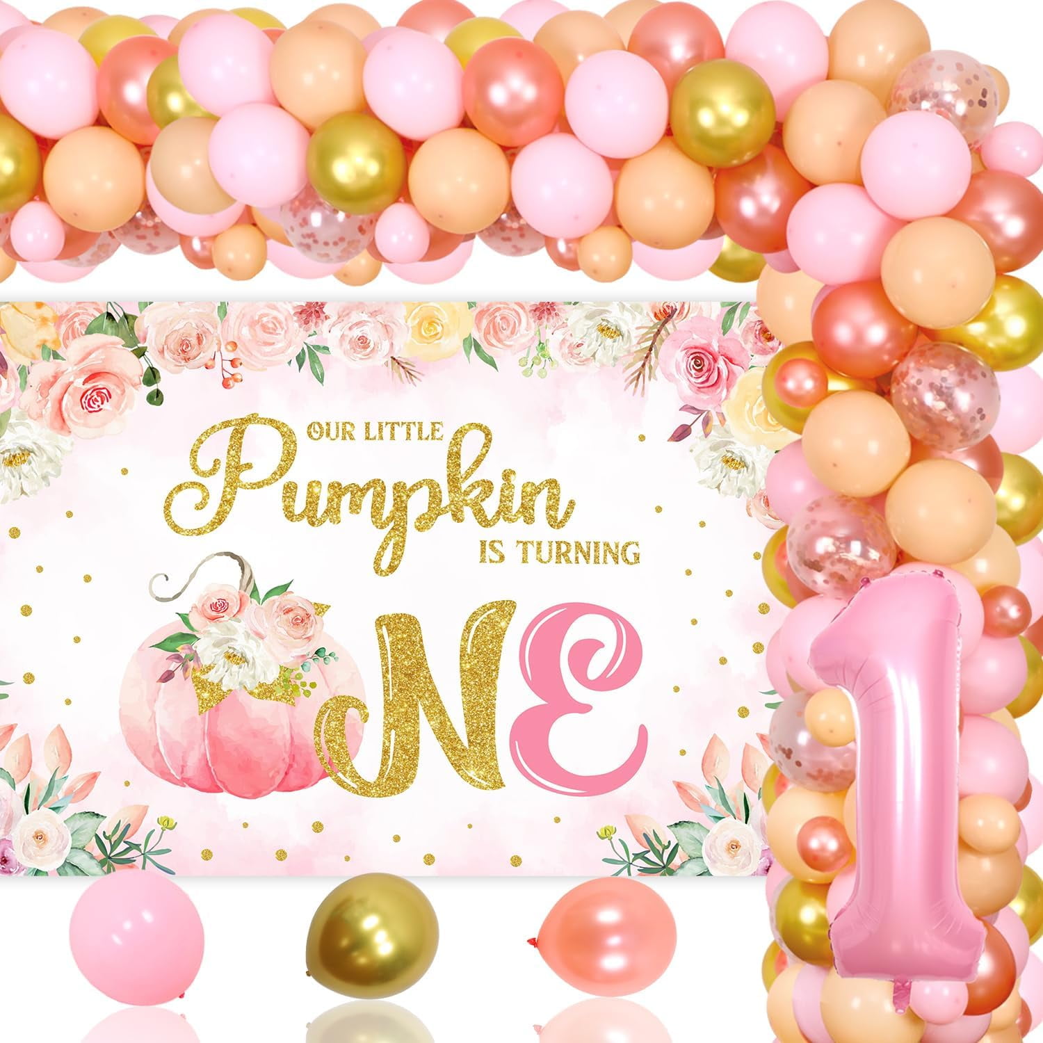 Striscione Glitterato Oro 'Our Little Pumpkin Is One' Per 1° Compleanno A Tema Zucca - Banner 1,2m Con Pois, Decorazioni Festa - 3