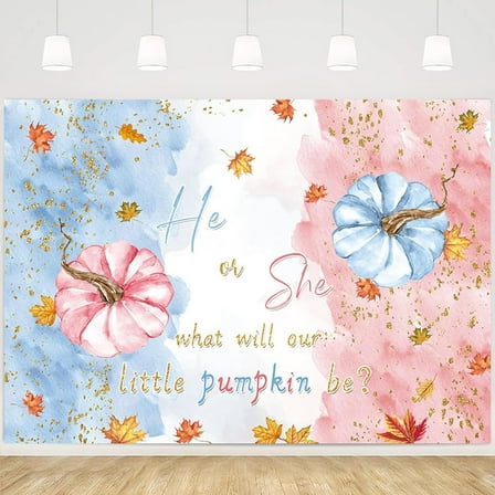 Little Pumpkin Gender Reveal Backdrop Autumn Fall He or She Baby Reveal Photography Background Maple Leaves Watercolor Blue or Pink Boy or Girl Baby Shower Party Decorations Banner Photo Booth Props