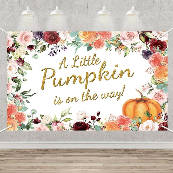 Little Pumpkin Girl Baby Shower Banner Fall Autumn Red Pink Floral Photography Backdrop Princess Baby Shower Party Decoration Thanksgiving Photo Studio Booth Background Banner 3.6x5.9ft