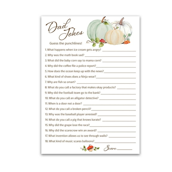 Little Pumpkin Theme Baby Shower Game DADJOKES Games Pack of 25 Fun Dad Joke Game, Funny Daddy Jokes Trivia, White Pumpkins Shower Activity Gender Neutral Couples Co-ed Shower Birthday G332-DJK
