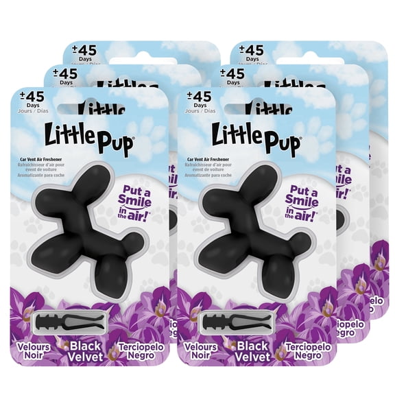 Little Pup 96605-6PK Black Velvet Scent, Car Air Freshener, Clips to A/C Air Vent, Alcohol-Free Fragrance Oil, Non-Hazardous and Non-Toxic Plastic, Set of 6