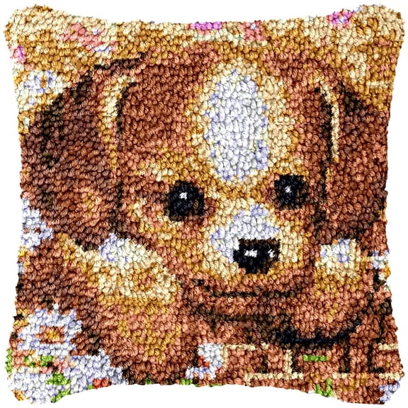 Little Puppy Dog Latch Hook Kits Pillow Cover DIY Rug Making Crochet Hook Cushion Making Kits with Preprinted Pattern Canvas DIY Needlework Crochet Kits Sofa Decor 43x43cm