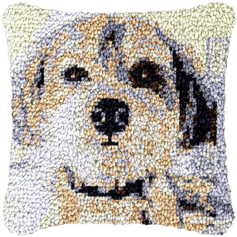 Little Puppy Dog Latch Hook Pillowcase Kits for Adults and Starter DIY Cushion Cross Stitch Latch Hook Rug Kits with Preprinted Canvas Crochet Yarn Kits Needlework Crafts 17'' X 17''