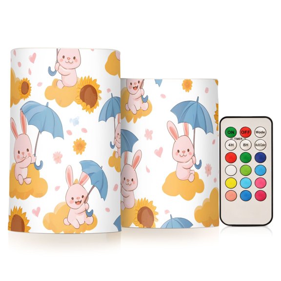 Little Rabbit Umbrella Flickering Flameless Candles Battery Operated with Remote Timer LED Pillar Candles Set of 2