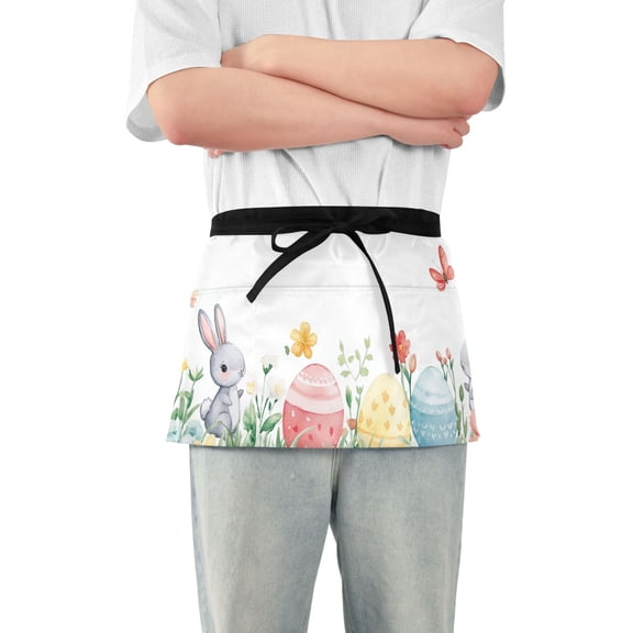 Little Rabbits Easter Eggs Florals Butterflies Short Server Apron with 3 Pockets for Unisex Chef Gardening