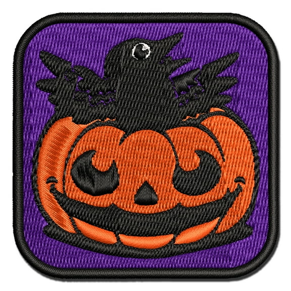 Little Raven Crow in Jack-O'-Lantern Pumpkin Halloween Applique Multi-Color Embroidered Iron-On Patch - 3.5 Inch Large