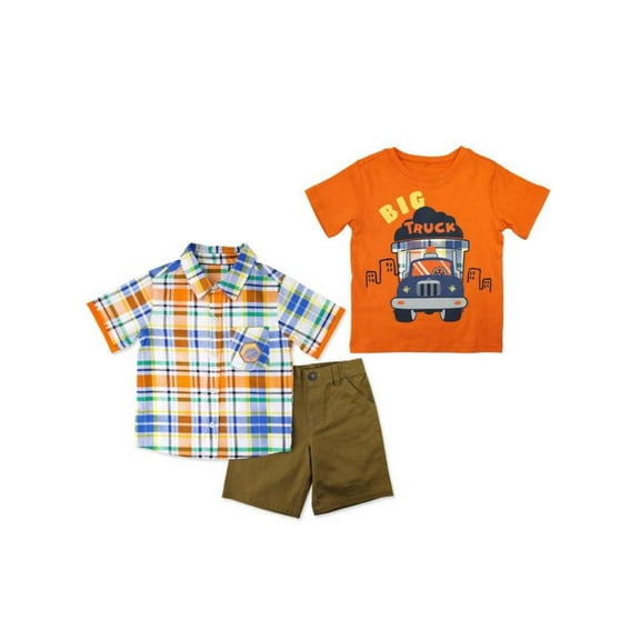 Little Rebels Infant Boys Orange Truck Zone & Khaki Shorts Baby Outfit Set 12M