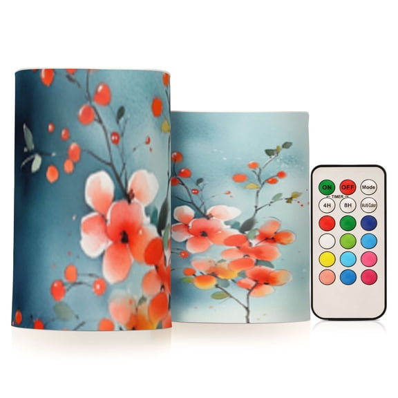 Little Red Flower Flickering Flameless Candles Battery Operated with Remote Timer LED Pillar Candles Set of 2