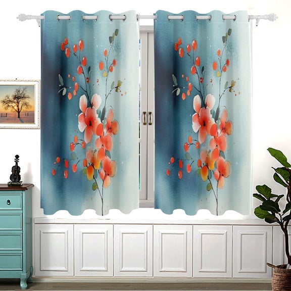 Little Red Flower Watercolor Blackout Curtains for Living Room Bedroom 55W x 54L Insulated Window Drapes 2 Panels