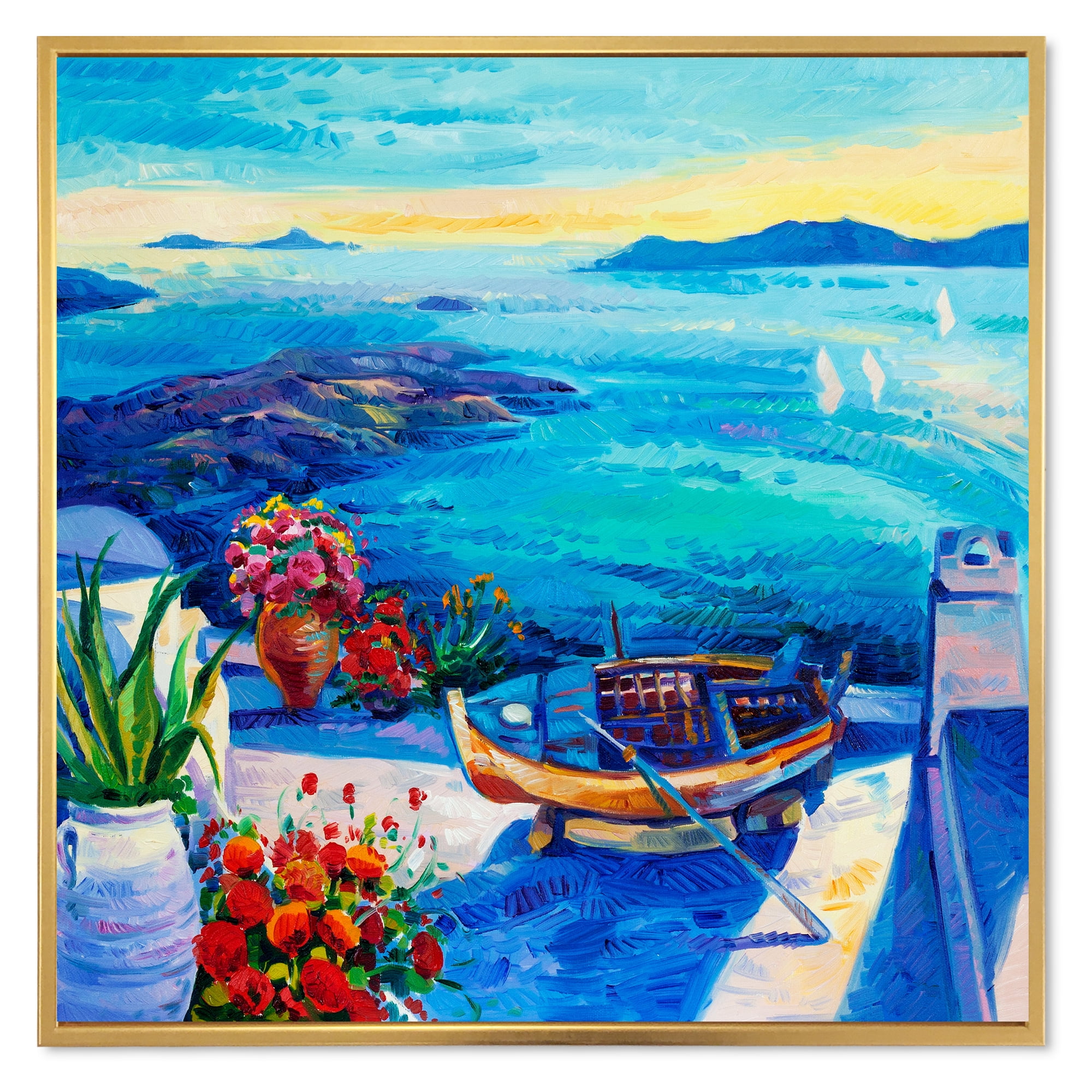 Little Red Flowers With Sea View 16 in x 16 in Framed Painting Canvas Art Print, by Designart