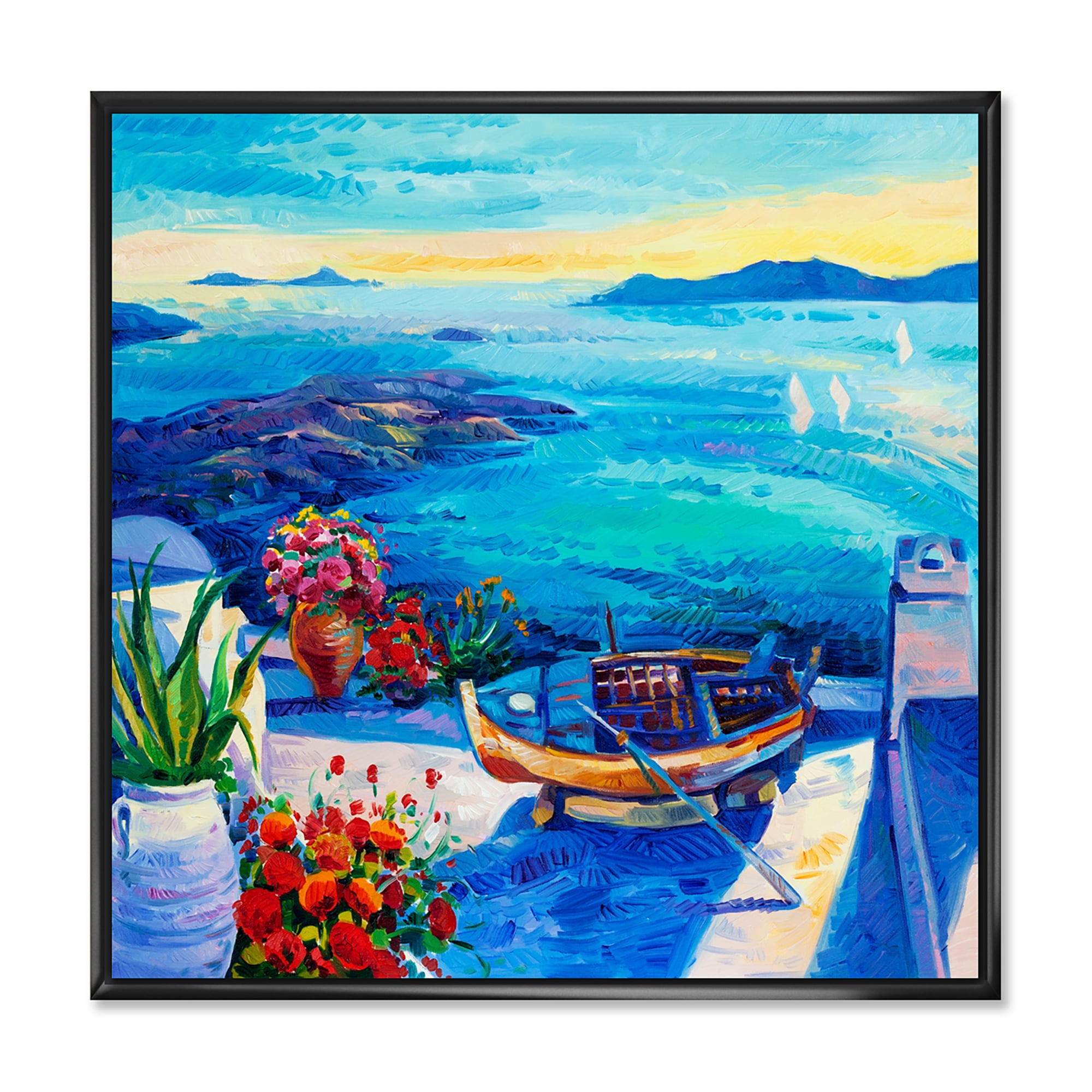 Little Red Flowers With Sea View 16 in x 16 in Framed Painting Canvas Art Print, by Designart