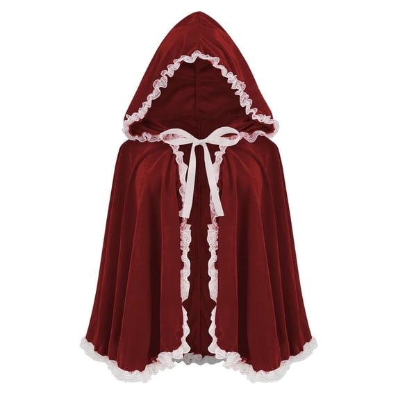 Little Red Riding Hood Cloak for Women Lace Trim Medieval Cape for Halloween Costume Cosplay Parties