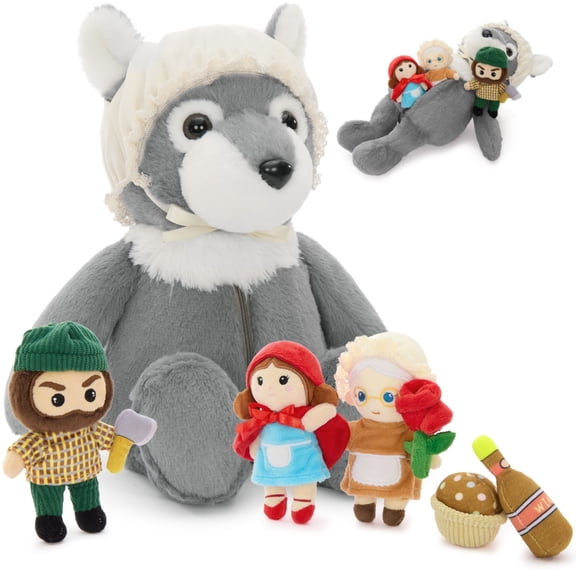 Muiteiur 7Pcs Little Red Riding Hood Plush Toy Set with Wolf & Accessories, Role Play for Kids