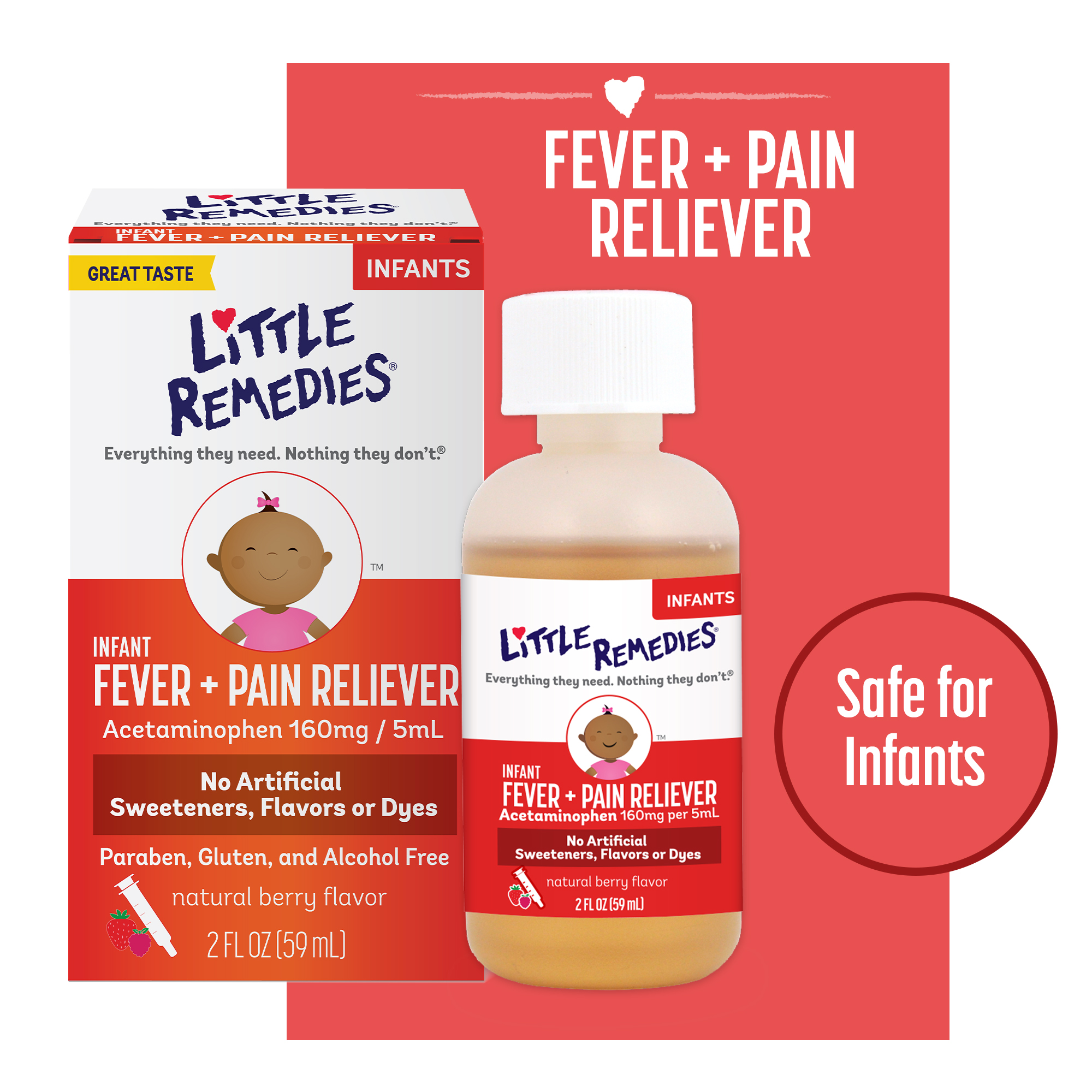 Little Remedies Infant Fever & Pain Reliever with Acetaminophen, Natural Berry, 2 Fl Oz - image 1 of 16