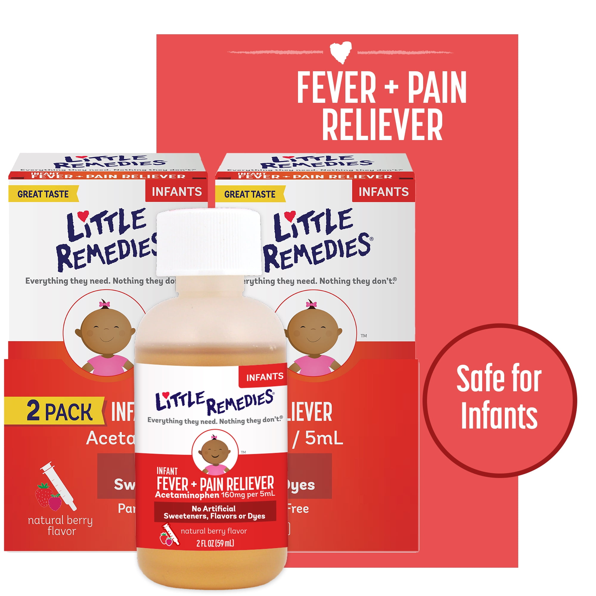 Little Remedies Infant Fever & Pain Reliever with Acetaminophen, Natural Berry Flavor, 2 fl oz, 2 Pk
