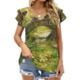 thumbnail image 1 of Little Rivers ( ) Ruffle Short Sleeve T-Shirt Women's V Neck Sexy Printed T Shirt Tops England Devon Shires Bridge, 1 of 5