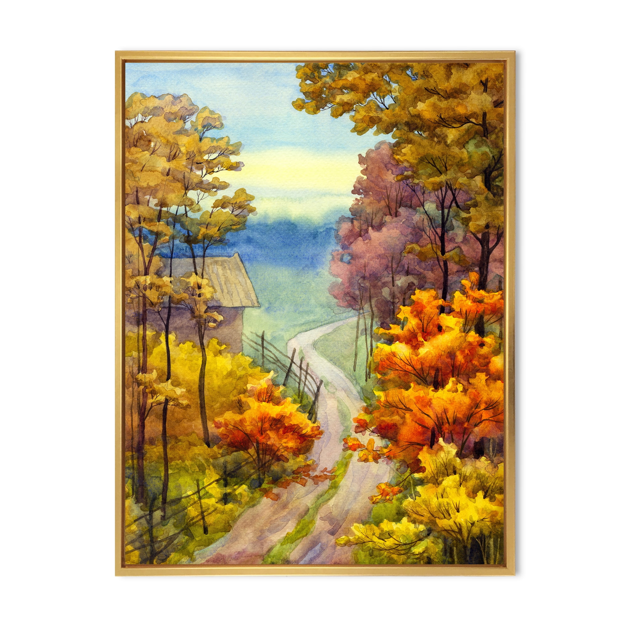 Little Road Through VIbrant Autumn Scene 12 in x 20 in Framed Painting Canvas Art Print, by Designart