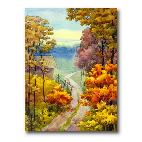 Little Road Through VIbrant Autumn Scene 12 in x 8 in Painting Canvas Art Print, by Designart