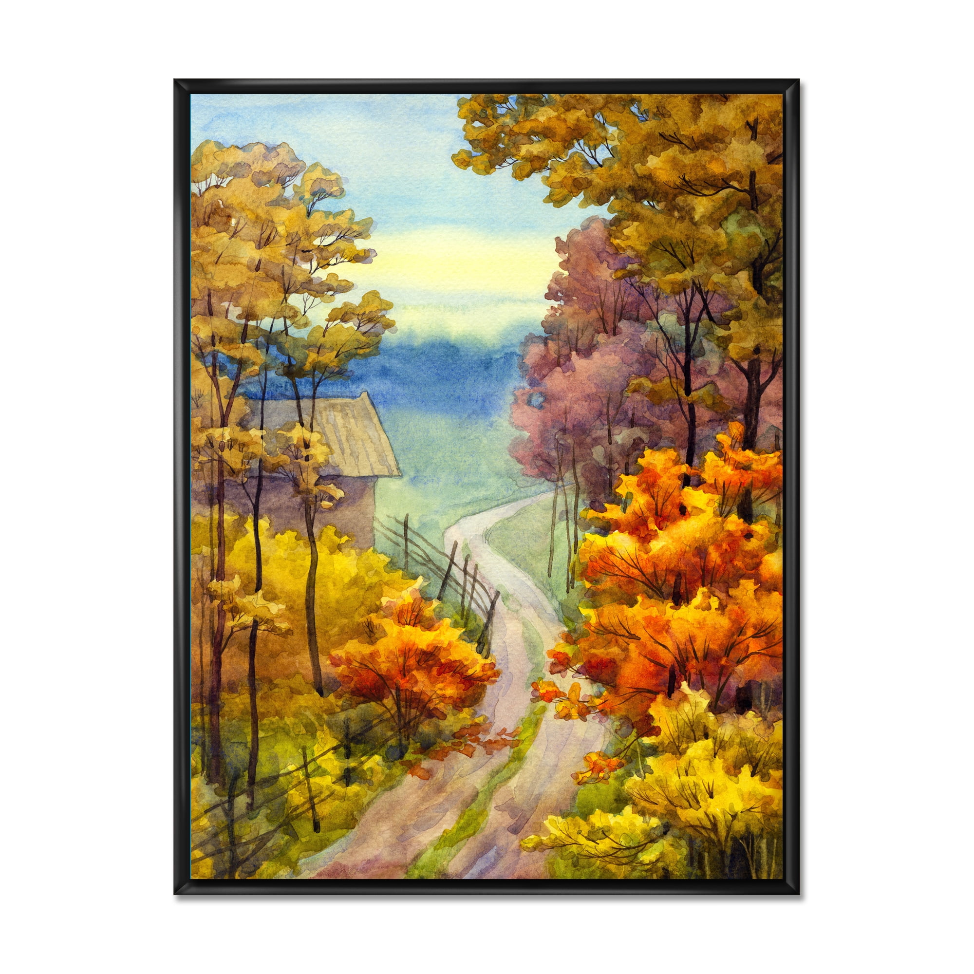Little Road Through VIbrant Autumn Scene 24 in x 32 in Framed Painting Canvas Art Print, by Designart