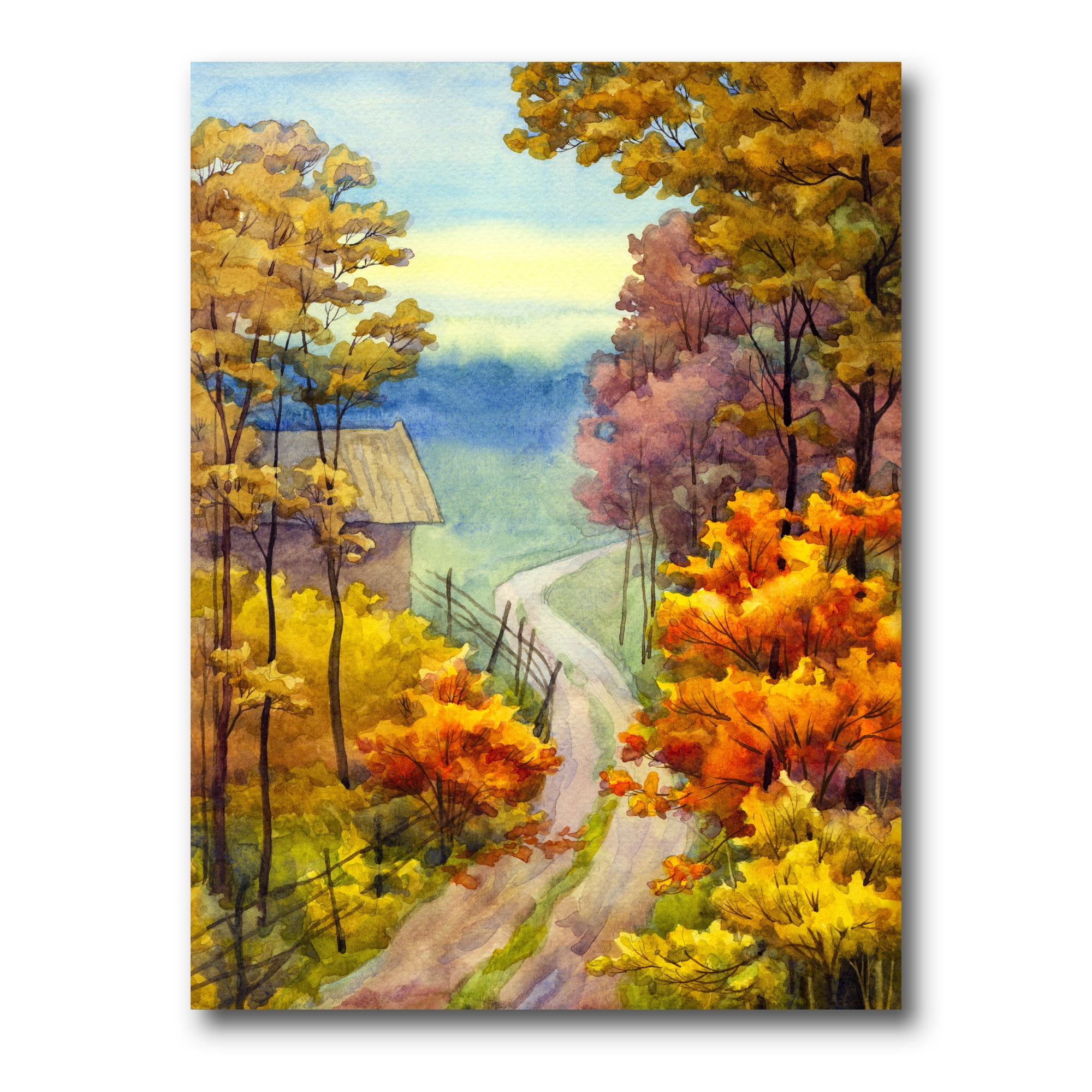 Little Road Through Vibrant Autumn Scene 16 in x 32 in Painting Canvas Art Print, by Designart