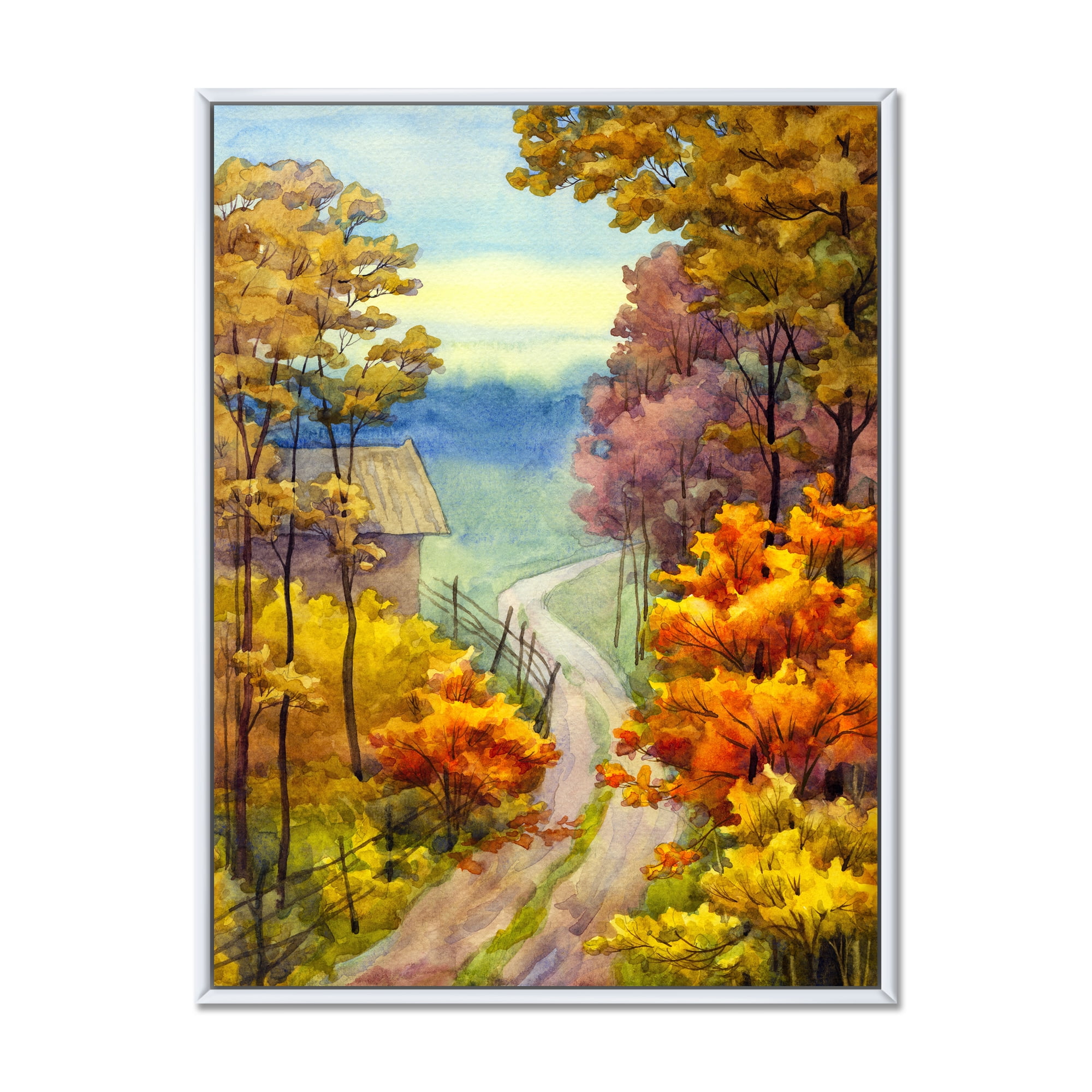 Little Road Through Vibrant Autumn Scene 30 in x 40 in Framed Painting Canvas Art Print, by Designart