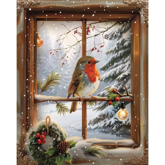 Little Robbin Bird in Snow Window DIY 11CT Stamped Cross Stitch Kits for Beginners Easy Needlepoint Embroidery Counted Cross Stitch Art Craft for Wall Decoration 12x16inch(1)