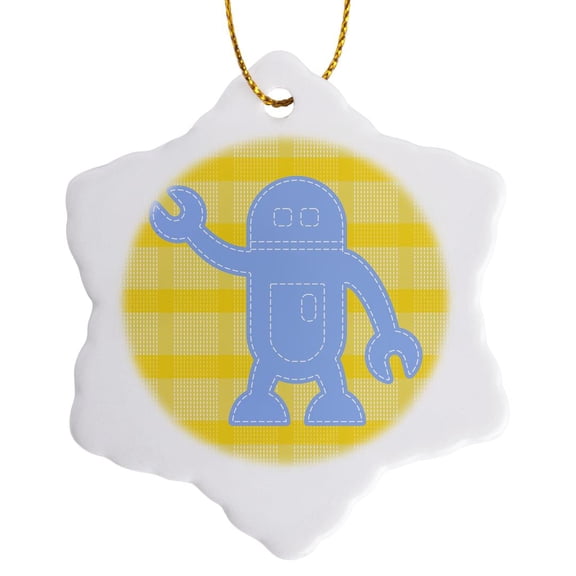 3drose, Little Robot in Blue over Pale Lemon Gingham, 3 inch Snowflake Porcelain Ornament