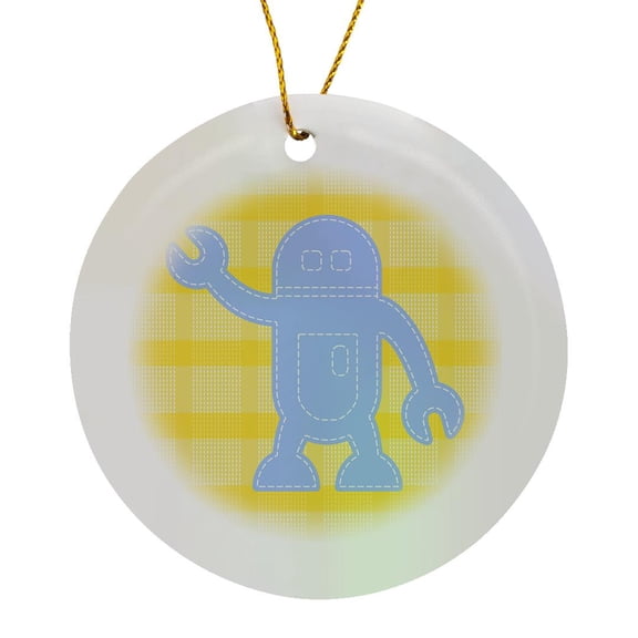 3drose, Little Robot in Blue over Pale Lemon Gingham, Circle Porcelain Ornament