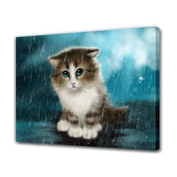 Little Sad Kitten In The Rain Canvas Poster Bedroom Decor Sports Landscape Office Room Decor Gift,Frame-style,16x24inch(40x60cm)
