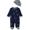 thumbnail image 1 of Little Me Sailboat Nautical Snap Front Footie Pajamas with Hat For Baby Boys Sleep N Play One Piece Romper Coverall Infant Footed Sleeper; Pijamas Para Bebes - Red, White, Navy Blue - 9 Month, 1 of 5