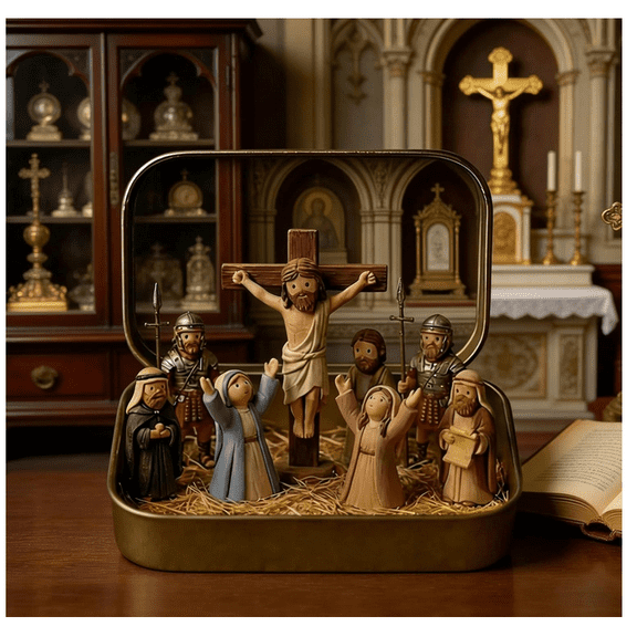 Little Saints in a Tin: Mini Easter Jesus Classic Scenes, Miniature Easter Crucifixion and Resurrection Scene in a Tin Box, Pocket Nativity Scene in a Tin Box for Religious Home - (B)