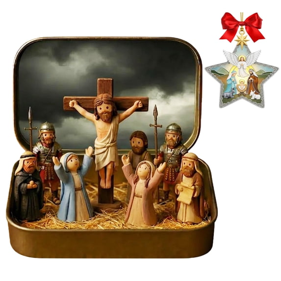 Little Saints in a Tin, Mini Easter Jesus Classic Scenes, Miniature Easter Crucifixion & Resurrection Scene in a Tin Box, Pocket Resin Nativity Sets & Figures, for Religious Home Office Tabletop